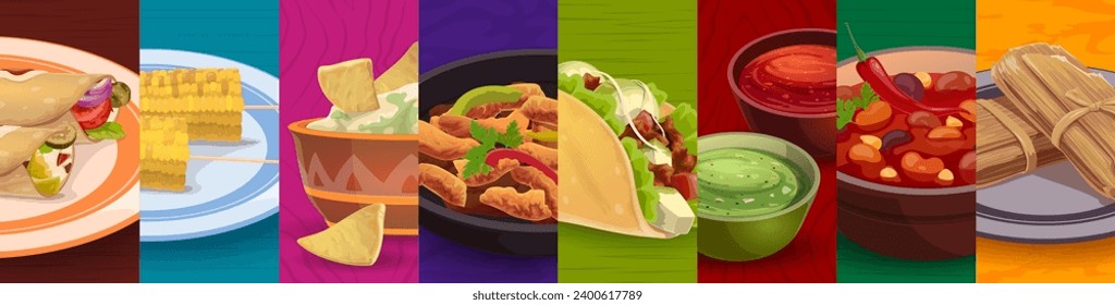 Mexican cuisine food collage. Tex mex food. Mexican takeaway restaurant meals menu vector background, Mexico Tex Mex banner with taco, nacho chips and guacamole sauce, enchiladas, tamale and corn