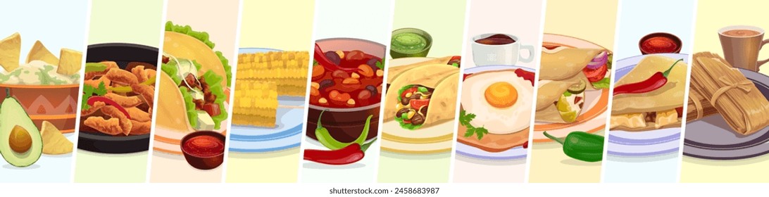 Collage de comida mexicana. Tex mex comida, bebidas y postre. Taco de Vector, burrito, maíz y frijoles con aguacate guacamole y salsa, fajitas, tamales nachos, enchilada y chocolate caliente