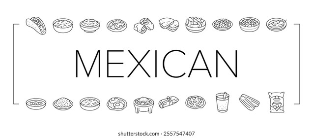 mexican cuisine food dinner icons set vector. taco mexico, table restaurant, dish tortilla, party view, gourmet salad, hot kitchen mexican cuisine food dinner black contour illustrations