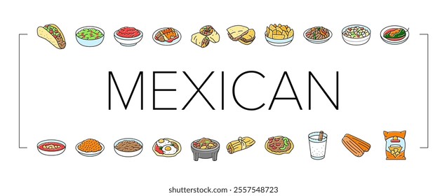 mexican cuisine food dinner icons set vector. taco mexico, table restaurant, dish tortilla, party view, gourmet salad, hot kitchen mexican cuisine food dinner color line illustrations