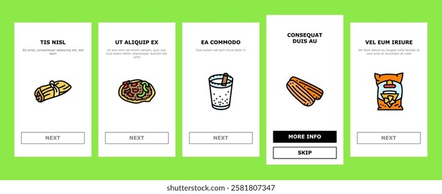 mexican cuisine food dinner onboarding mobile vector taco mexico, table restaurant, dish tortilla, party view, gourmet salad, hot kitchen mexican cuisine food dinner illustrations