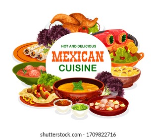 Mexican cuisine food of meat and vegetables vector design. Stuffed peppers, bean burritos and beef fajitas with tomato salsa and avocado guacamole sauces, estofado stew, meatball soup and chicken wing