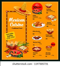 Mexican cuisine food menu template with dishes. Potatoes with cheese and chilles ressensos, burrito with beans and alitas de poyo, chicken soup with tortillas, estofado or beef soup and steak vector