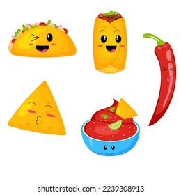 Mexican cuisine food set with kawaii emotion. Latin American food. Vector illustration.