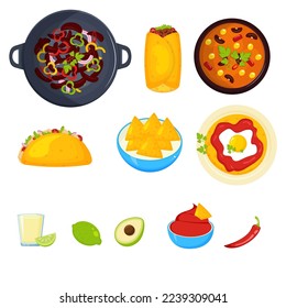 Mexican cuisine food set. Latin American food. Vector illustration.