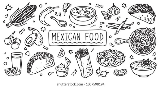 Mexican cuisine, food. Simple doodle outline style. Vector stock black and white illustration.