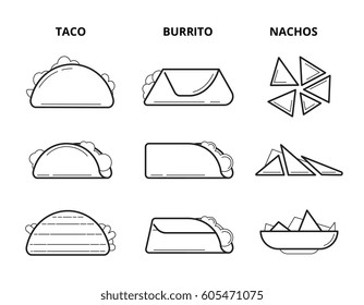 Mexican cuisine food. Taco, burrito and nachos eating snacks line vector set. Mexican meal in linear style