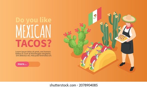 Mexican cuisine horizontal banner demonstrated woman in national clothes holding tray with tacos isometric vector illustration