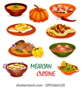 Mexican Cuisine Icon Of Dinner Dishes And Appetizers. Corn Tortilla With Meat Taco, Avocado Guacamole And Seafood Ceviche, Meatball Tomato Soup, Fried Fish And Beef Rice, Onion And Pumpkin Cream Soup