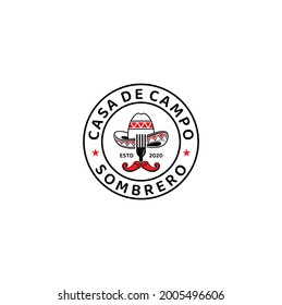 Mexican Cuisine Icon for Restaurant or Traditional Food Cafe, Symbol of Sombrero Hat, Fork and Chili Vector Design