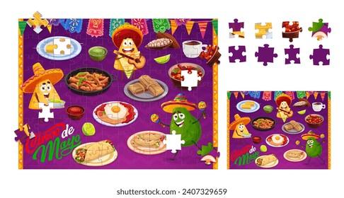 Mexican cuisine jigsaw puzzle game pieces. Form find puzzle quiz, shape match game vector worksheet with Tex Mex nacho chips, avocado, burrito, enchilada ad tamale, huevos rancheros, fajitas meals