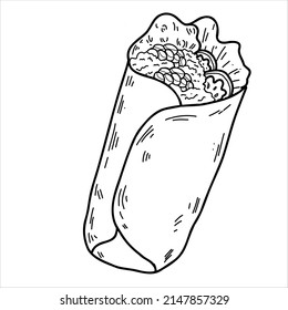 Mexican Cuisine Line-art Style Burrito Hand Drawing Vector Illustration White Background