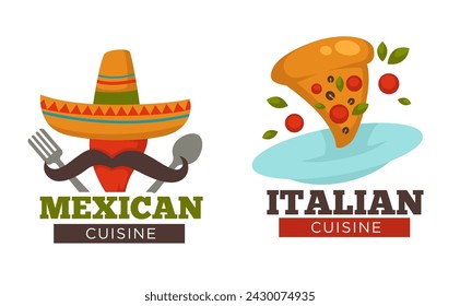 Mexican and İtalian cuisine logotypes. Crusty bread and tortillas, heavily feature tomatoes and olive oil and variety of herbs and spices in various dishes. Promotional banner. Vector in flat style