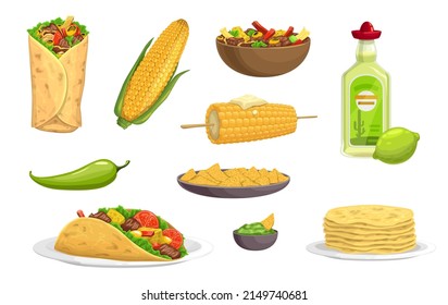 Mexican Cuisine Meals, Cartoon Food And Drink Set. Vector Burrito, Taco, Avocado Guacamole And Salsa Sauce, Tequila, Nachos And Tortilla, Tex-mex Beef Bowl, Baked Corn, Chili Or Jalapeno Green Pepper