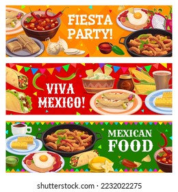 Mexican cuisine meals, drinks, fruits and snacks. Fiesta party and Mexico food festival, Tex Mex meals vector banner with corn, tacos and burrito, guacamole, nachos, jalapeno, enchiladas and bean stew