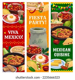 Mexican cuisine meals, drinks, fruits and snacks vertical banners. Tex Mex fast food, Mexico restaurant menu meals and fiesta party vector background with fajitas, tacos and burrito, tamales, mate tea