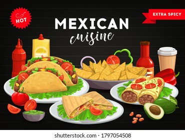 Mexican cuisine menu cover, Mexico food tacos and spicy, burrito, vector dinner table background. Mexican cuisine cooking and restaurant menu plate meals, authentic, quesadilla, nachos and guacamole