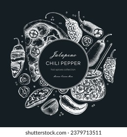 Mexican cuisine menu design. Ripe jalapeno chili pepper sketches. Hot spices wreath on chalkboard. Vegetarian, healthy food hand drawn vector illustration. Jalapeno with slices and seeds for packaging