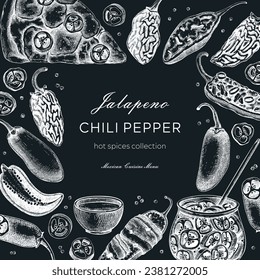 Mexican cuisine menu design. Ripe jalapeno chili pepper sketches. Hot spices frame on chalkboard. Vegetarian, healthy food hand drawn vector illustration. Jalapeno with slices and seeds for packaging