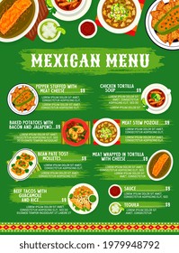 Mexican cuisine menu, food dishes and Mexico meals, vector traditional lunch and dinner. Mexican food and gourmet authentic dishes with tacos, chicken meat, pozole stew, avocado guacamole and tequila