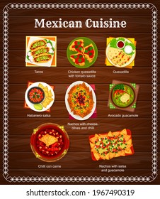 menú de cocina mexicana, platos y comidas mexicanas, tacos vectoriales y quesadilla con salsa de salsa. Comida tradicional mexicana, menú de almuerzo y cena en el restaurante, chili con carne y tacos