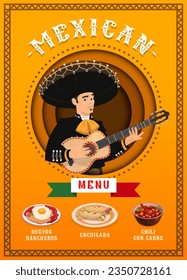 Mexican cuisine menu page with mariachi musician and food. Showcasing mouthwatering array of traditional dishes such as huevos rancheros, enchilada and chili con carne, bursting with authentic flavors