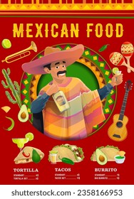 Mexican cuisine menu poster. Vector restaurant promo banner with mariachi male character holding tequila bottle and glass with lime on background with tortilla, tacos and burritos price list