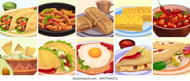 Mexican cuisine menu, tex mex food collage. Vector traditional meals of Mexico. Taco, chili beans and corn, fajitas, huevos rancheros, enchiladas, nacho and guacamole, hot chocolate and tamale dessert