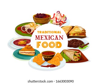 Cocina mexicana, cocina tradicional mexicana y latinoamericana de menú, portada de libro de recetas de cocina. Tortilla de carne vectorial mexicana quesadilla, nachos y salsa, burrito y pudín capirotada