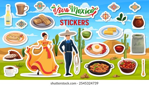 Cozinha mexicana e nacionais caracteres adesivos pacote. México comida, bebidas, vaqueiro charro e mulher dançarina vetores personagens. Milho, fajitas, enchiladas e cerveja, chocolate quente, tamales e chá mate