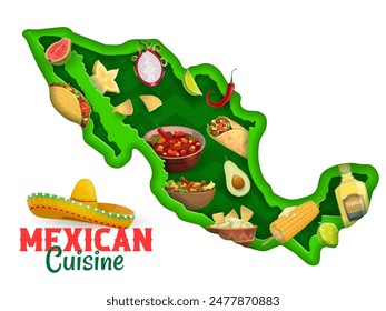 Mexican cuisine on Mexico paper cut map for Latin food and travel, vector background. Papercut Mexican burrito and taco, tequila with sweetcorn and avocado guacamole with tropical fruits and sombrero