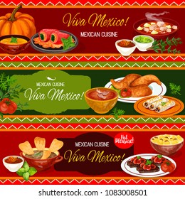 mexikanische Küche Restaurant Banner Design. Fleischbohnen-Burrito, Tomatensalsa und Guacamolsoße, Rindfleisch-Steak, gefüllte Pfeffer, Hühnersuppe mit Tortilla, Fleischsteh estofado, Tomate und Kürbissuppe