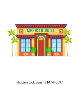 Mexican Cuisine Restaurant Building Icon. Mexican Fast Food, Grill Cafe Vector Facade, Mexican Cuisine Food Street Restaurant Entrance Door With Ethnic Ornaments On Walls