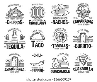 Mexican cuisine restaurant or cafe icons. Vector sweet churros dessert, taco or burrito and quesadilla, nachos with avocado guacamole salsa and cimichanga, tequila and enchilada svg