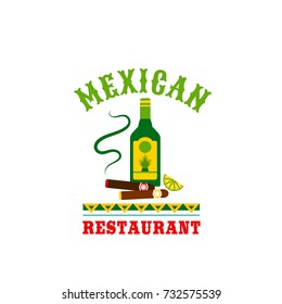 Mexican cuisine restaurant icon of tequila and cigar. Vector isolated Mexico agave cactus drink bottle and cigarette with traditional Mexican ornament for cafe menu template