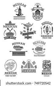 Mexican cuisine restaurant icons set. Vector isolated Mexico sombrero hat, spicy chili jalapeno pepper, Mexico tequila cactus drink and tobacco cigar, burrito or tacos snack food for cafe menu