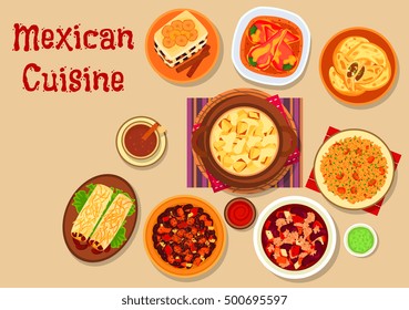 Mexican cuisine restaurant menu icon with bean burrito, meat pie empanadas, bean stew with minced beef, vegetable chilli stew, stuffed peppers, tomato rice, potato stew with cheese, bread pudding