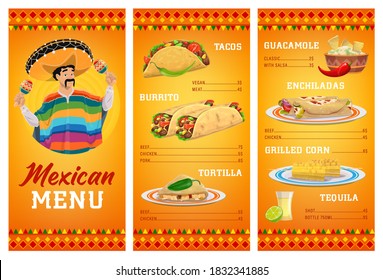 Mexican cuisine restaurant menu vector template with food and drink. Meat and vegetable tacos, burritos, tortilla quesadillas and enchiladas, nachos with guacamole sauce, tequila and grilled corn cobs