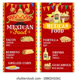 Mexican cuisine restaurant menu vector template with food and drinks, sombrero hat, maracas and moustache. Taco, burrito, tortilla quesadilla and guacamole, tequila, margarita, lime and grilled corn