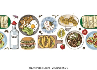 Mexican cuisine seamless border vector