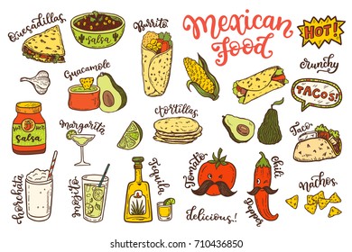 Mexican cuisine, sketch doodle food set