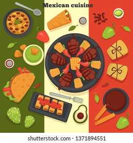 Mexican cuisine taco and roasted meat with chilli and sweet pepper vector fresh food with different fresh ingredients avocado and herbs burrito nacho dish and cutlery served meal from Mexico