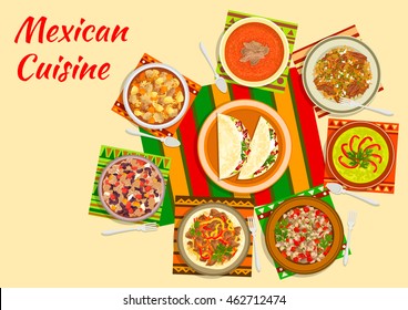 Mexican cuisine taco salad  with tomato soup, beef fajitas, bean stew chilli con carne, chilled avocado soup, chicken stew with tomato sauce, meat and pepper salad, beef tongue with vegetables