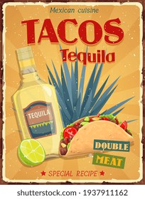 tacos de cocina mexicana y afiche retro del vector tequila. Receta especial de tacos y tequila, agave azul y lima sobre fondo de grunge. Fiesta, platos tradicionales de méxico y América Latina