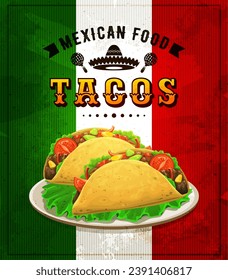 Mexican cuisine tacos. Vector banner with tex mex meal on national grungy flag. Savor the flavor, indulge mouthwatering fiesta with delectable snack. Taste, sizzle, and spice for taco lovers paradise