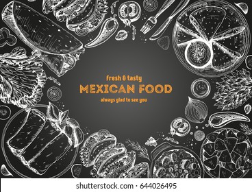 Mexican cuisine top view frame. A set of classic mexican dishes with nachos, fajita, burrito. Food menu design template. Vintage hand drawn sketch vector illustration. Engraved image.
