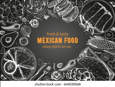 Mexican cuisine top view frame. A set of classic mexican dishes with nachos, fajita, burrito, corn. Food menu design template. Vintage hand drawn sketch vector illustration. Engraved image.