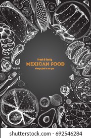 Mexican cuisine top view frame. A set of classic mexican dishes with nachos, fajita, burrito, corn. Food menu design template. Vintage hand drawn sketch vector illustration. Engraved image.