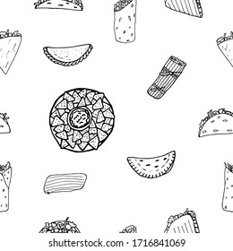 Mexican cuisine, traditional food hand drawn doodle transparent pattern on white background with burritos, quesadillas, empanadas, tacos, tamales, nachos. Vector illustration.