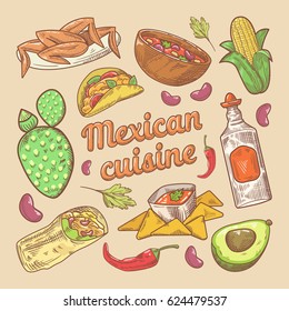 Mexican Cuisine Traditional Food Hand Drawn Doodle with Tacos and Nachos. Vector illustration